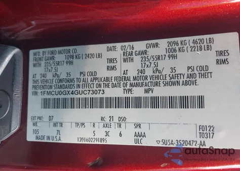 2016 Ford Escape Se из США, поврежденный, VIN 1FMCU0GX4GUC73073